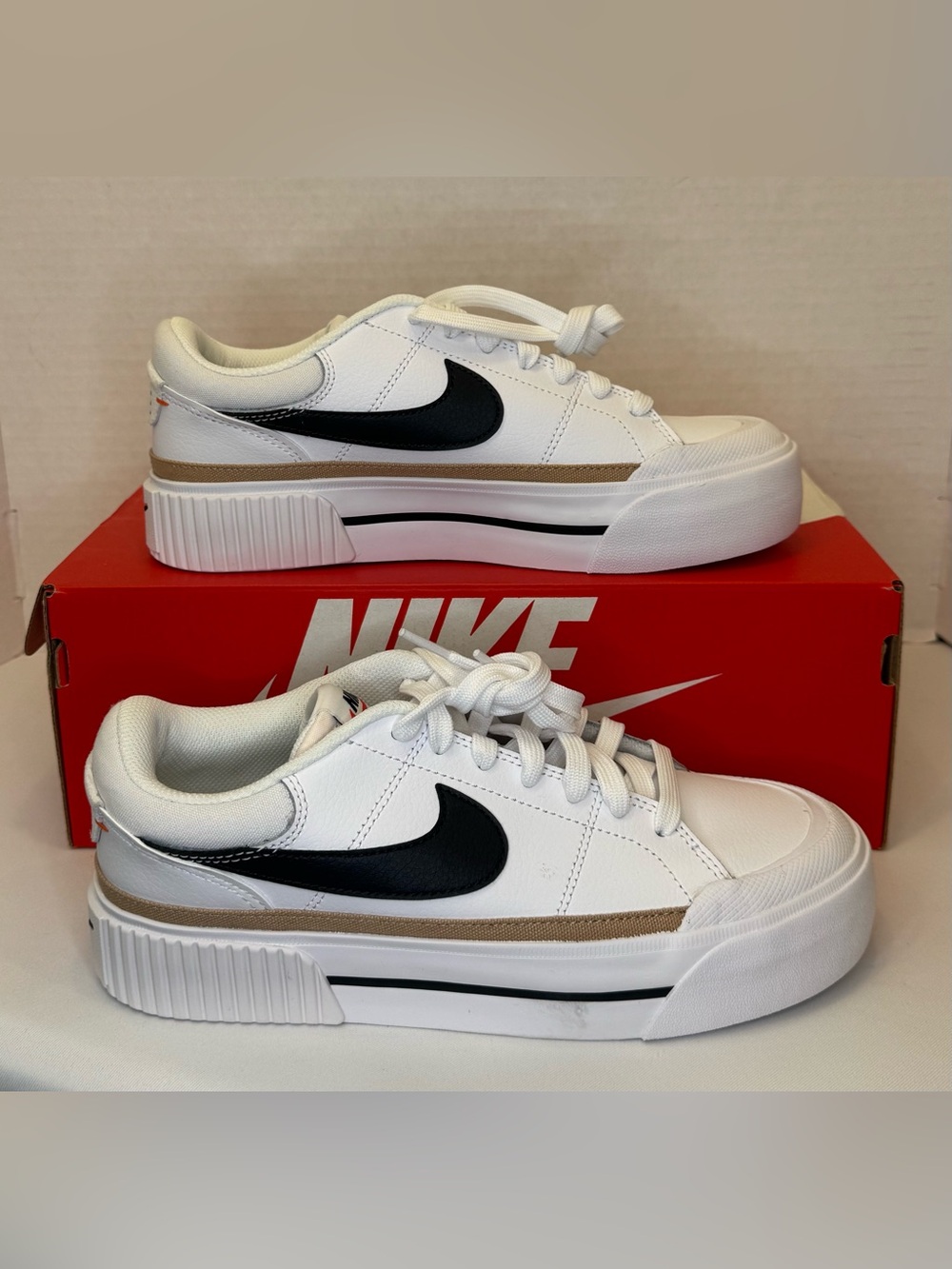 Nike Court Legacy Lift Women’s Platform Sneakers White/Black-Hemp - Picture 2 of 7